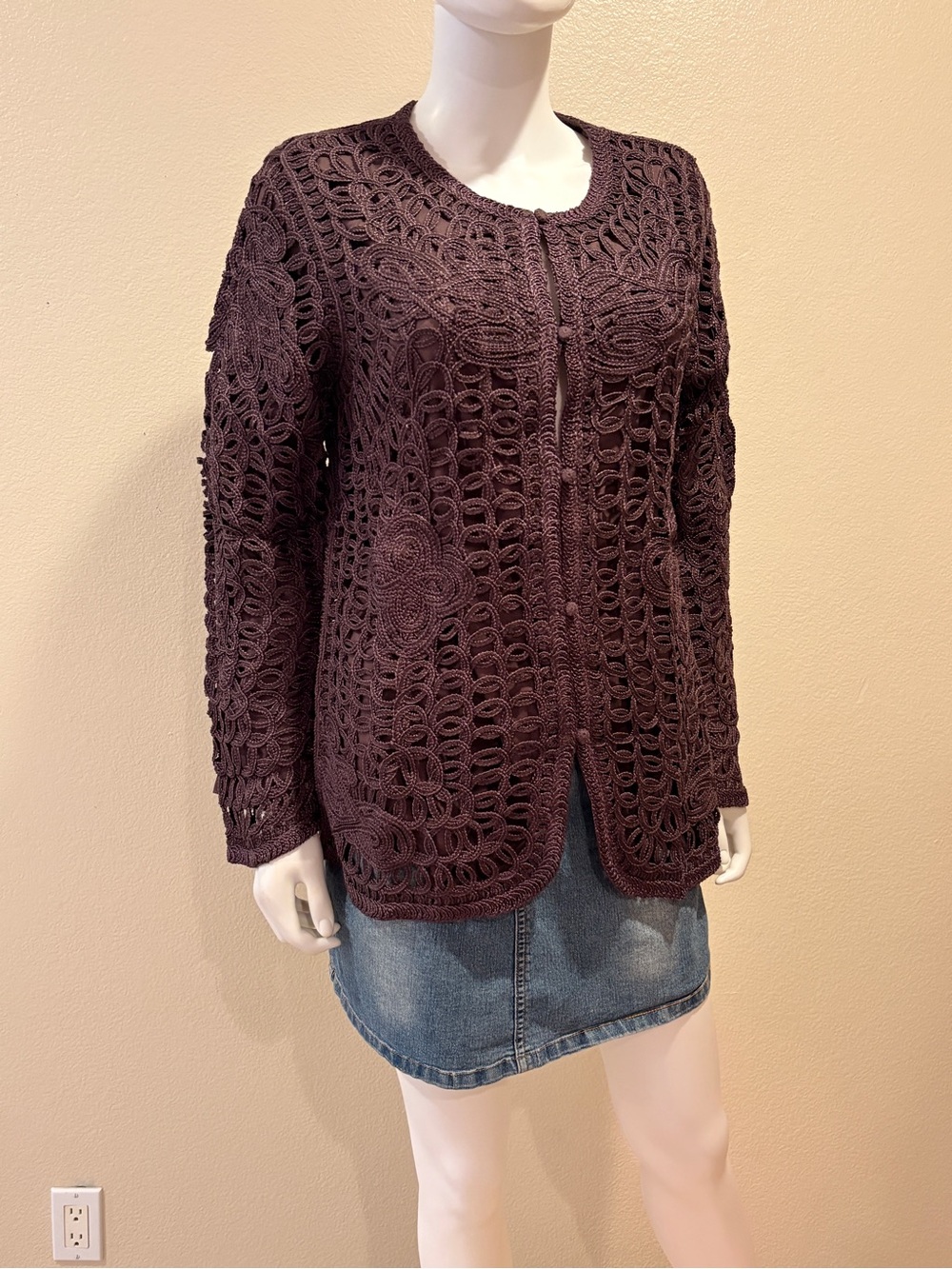 Dialogue NEW Button Up Brown Cardigan Jacket Size M Lined Rope Crochet Eclectic